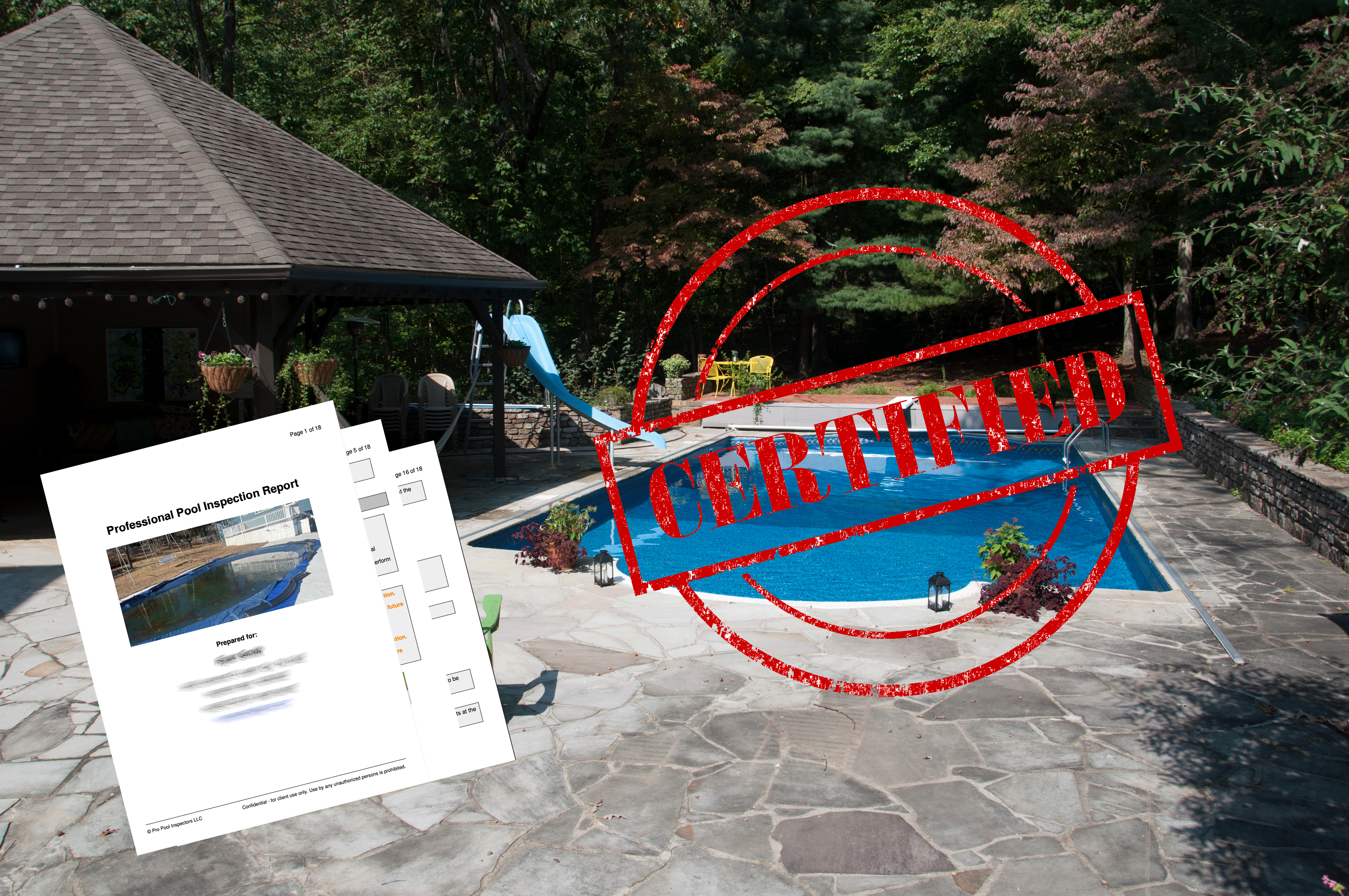 Pool tech inspecting pool equipment and structure